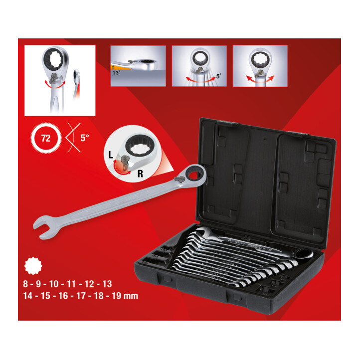 KS Tools Jeu de clés mixtes à cliquet réversible GEARplus,12 pcs.