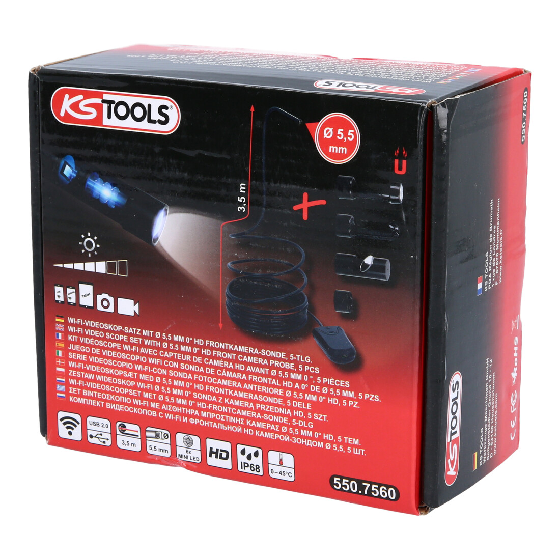 KS Tools Kit de vidéoscope Wi-Fi avec sonde de caméra frontale Ø 5
