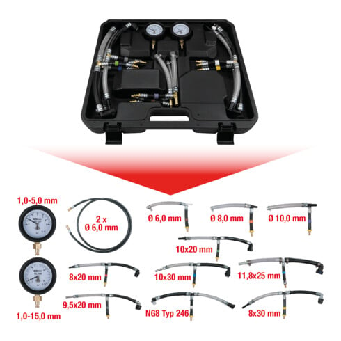 KS Tools Kit di diagnostica della bassa pressione del carburante, 14pz.