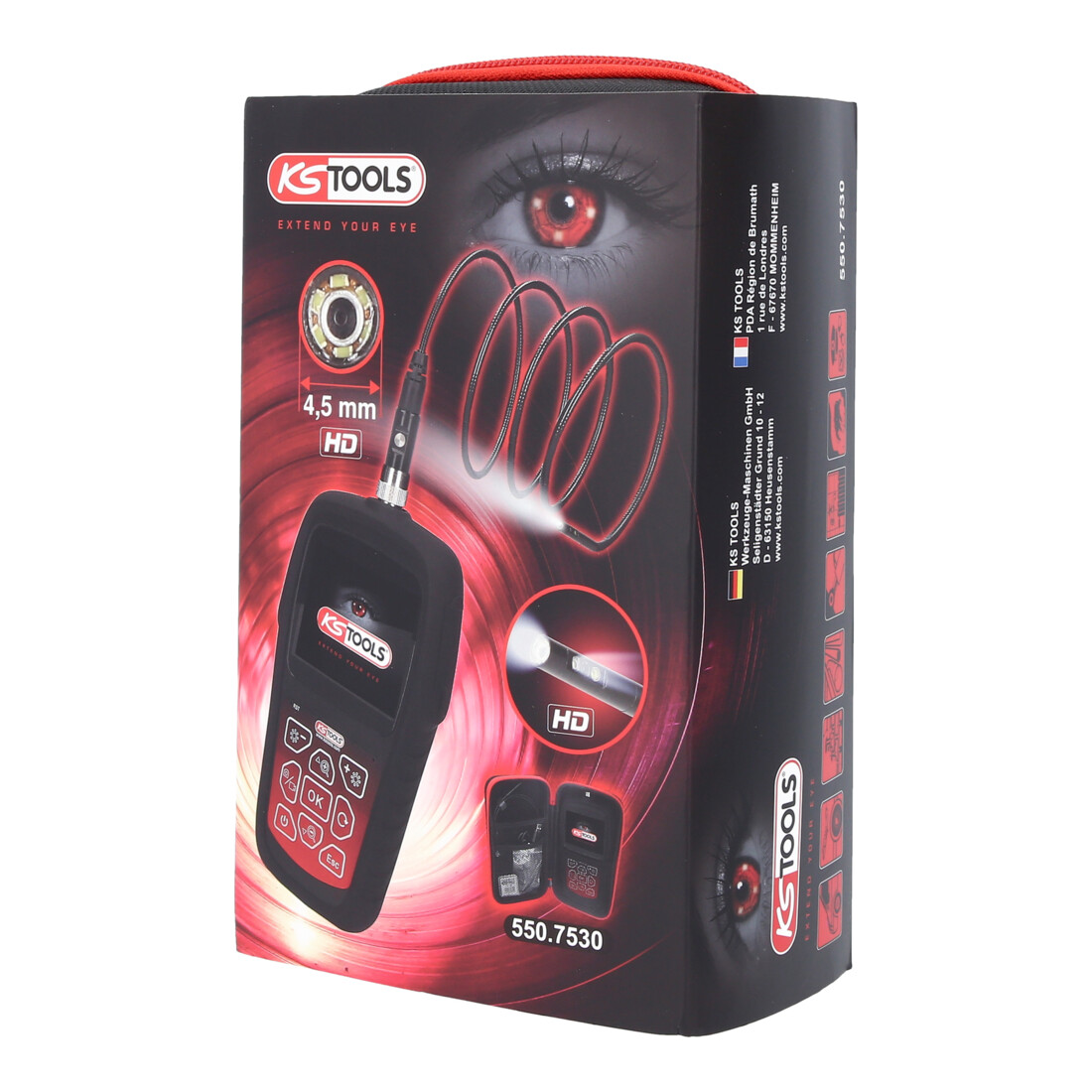KS Tools Kit videoscopio HD con Ø4,5mm 0° e 90° sonda telecamera frontale HD, commutabile, 7pz.