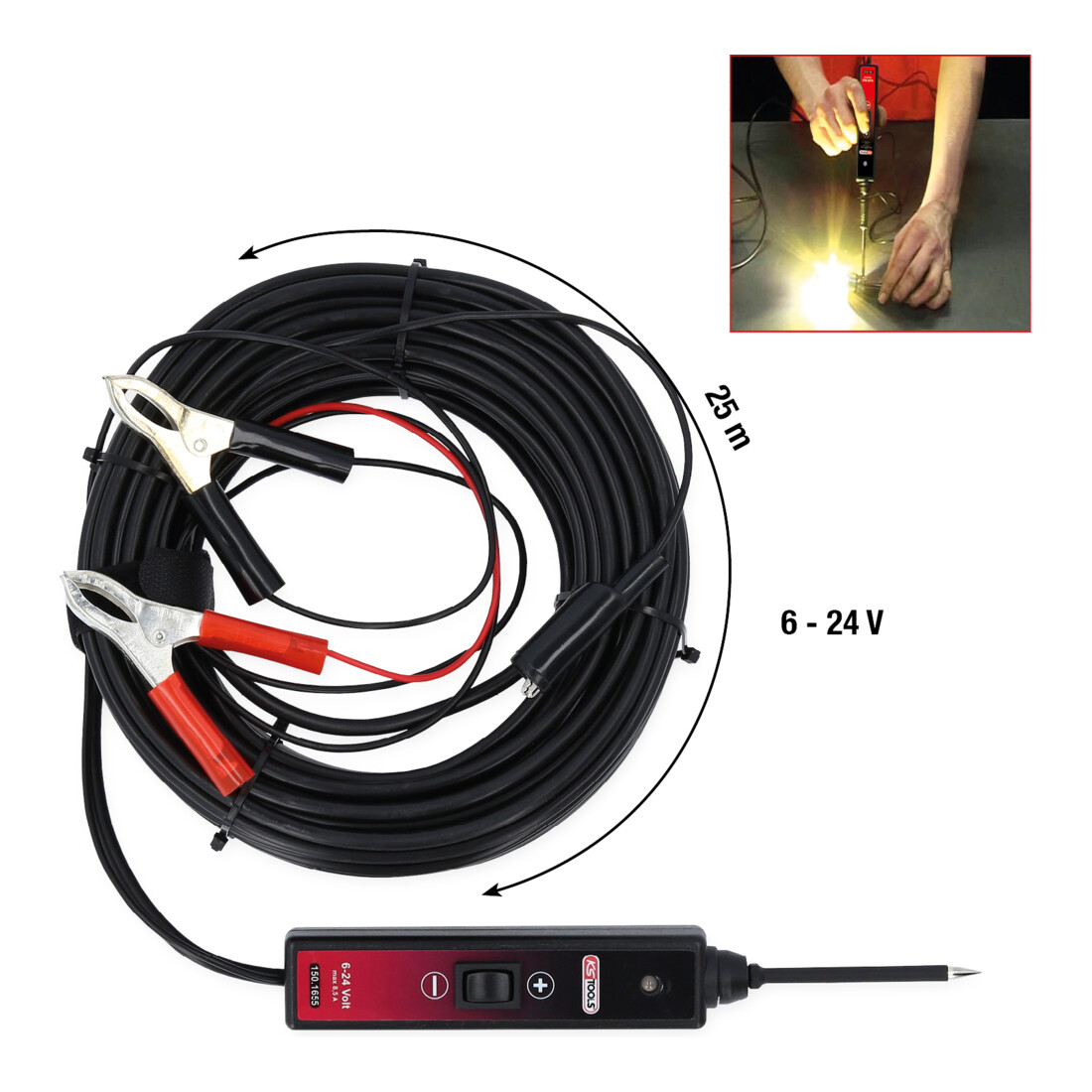 KS Tools Lampada di prova funzionale 6-24V CC, con cavo da 25 metri