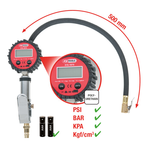 KS Tools Misuratore digitale gonfiaggio pneumatici ad aria compressa, 0-14 bar