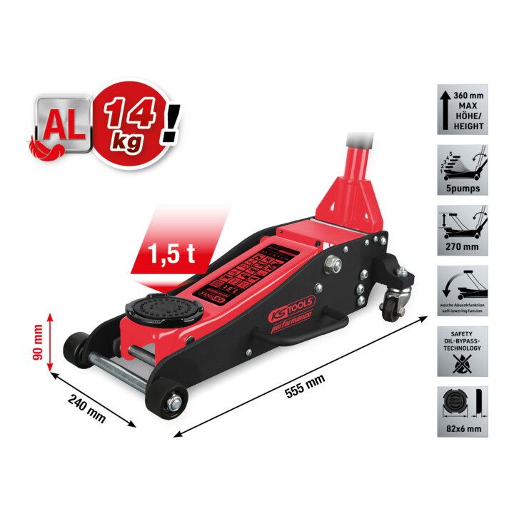 KS Tools performance Hydraulischer Aluminium-Wagenheber, 1500 kg, Hubhöhe: 90-360 mm