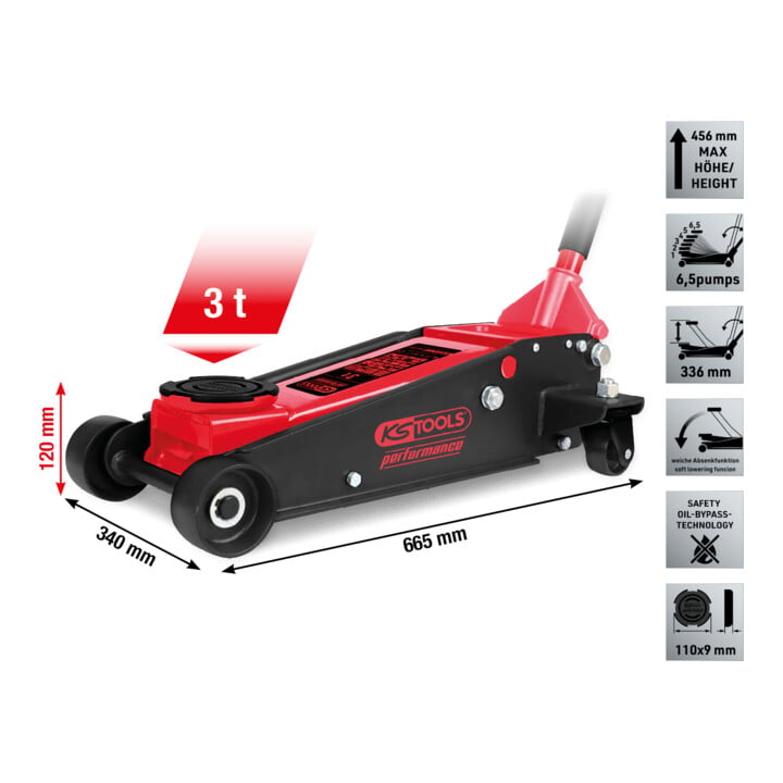 KS Tools performance Hydraulischer Stahl-Wagenheber, 3000 kg, Hubhöhe: 120-456 mm