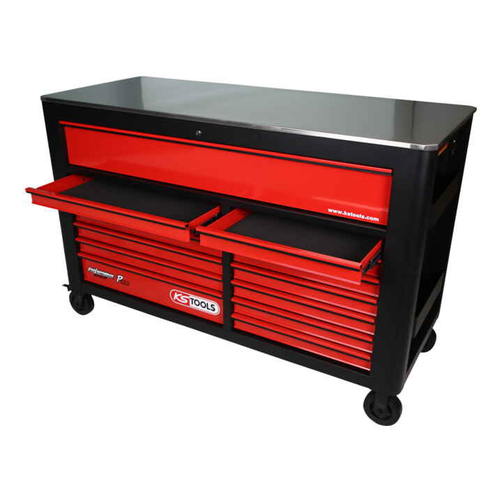 KS Tools PERFORMANCEplus P45 SCHWARZ/ROT Werkstattwagen mit 14 Schubladen