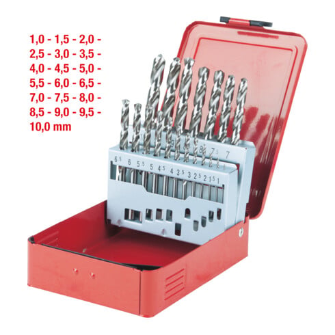 KS Tools Punte elicoidali HSS-G per trapano, cassa in lamiera d'acciaio, 19pz. 1-10mm