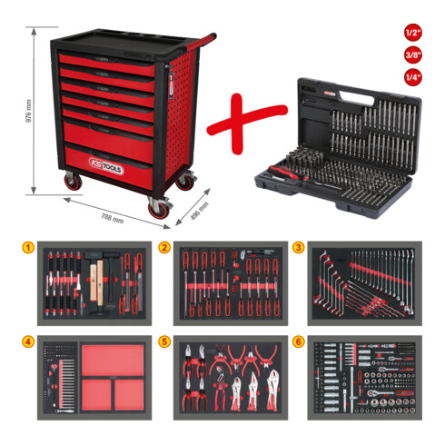KS Tools Carrello da officina nero/rosso RACINGline con 7 cassetti e 598 utensili di prima qualità