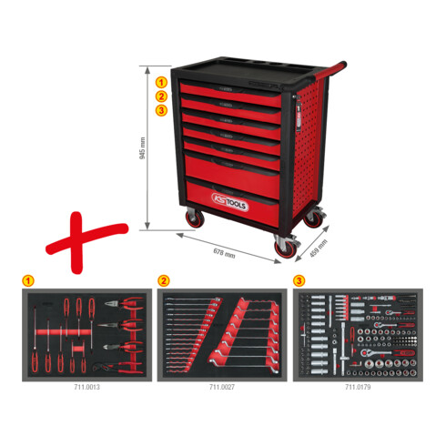 KS Tools RACINGline BLACK/ROT werkplaatswagen met 7 laden en 215 premium gereedschappen