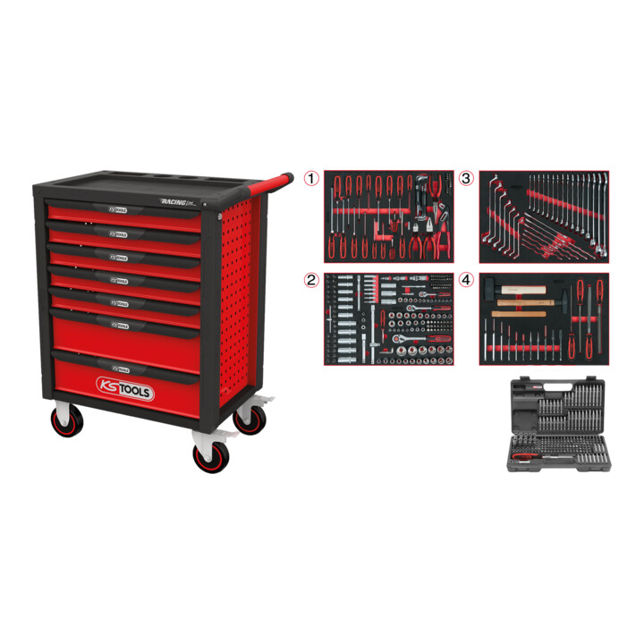 KS Tools RACINGline BLACK/ROT werkplaatswagen met 7 laden en 515 premium gereedschappen