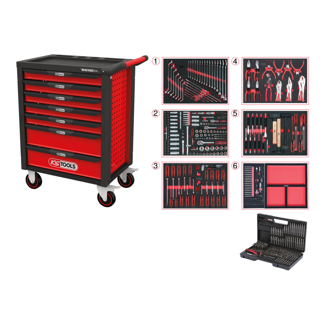 KS Tools RACINGline BLACK/ROT werkplaatswagen met 7 laden en 598 premium gereedschappen