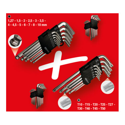 KS Tools Serie di chiavi maschio piegate, Torx, esagono interno, 22pz.