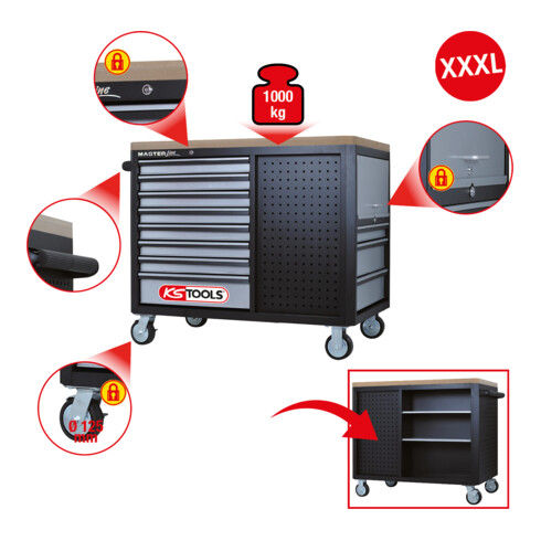KS Tools Servante MASTERline avec 11 tiroirs, 1 porte et 2 etageres, noir-argent