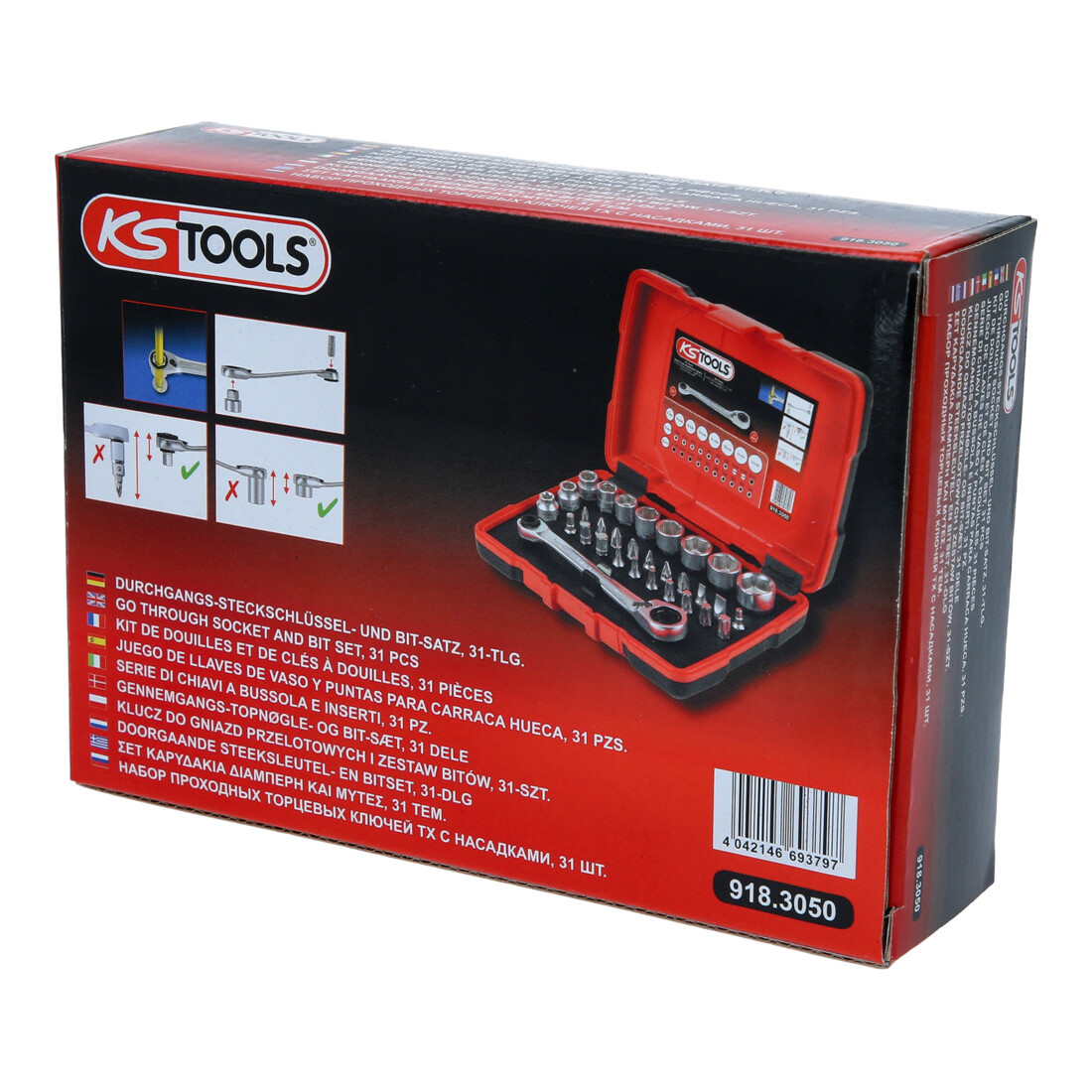 KS Tools Set bit e chiavi a bussola passanti 1/4" + 11mm, 31pz.