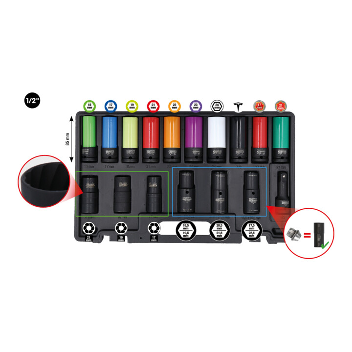 KS Tools Speciale 1/2" MASTER krachtdoppenset voor wielschroefverbindingen, 17-dlg