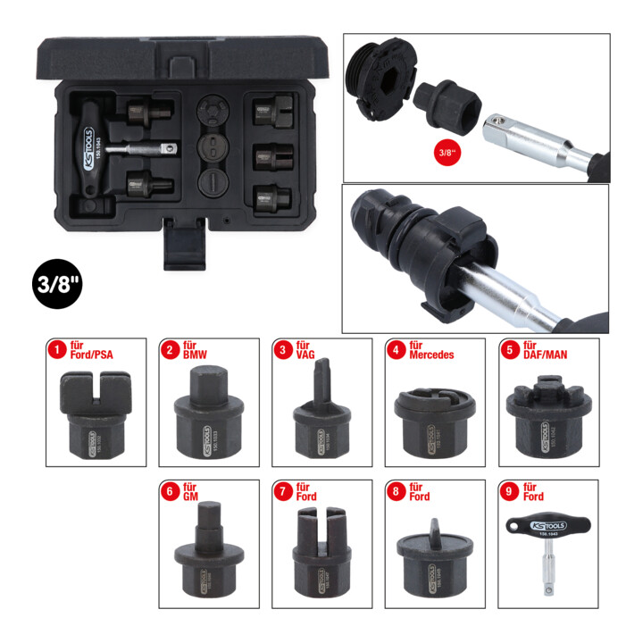 KS Tools speciale 3/8" olieverversingsprofielset voor kunststof olieaftappluggen, 9-dlg
