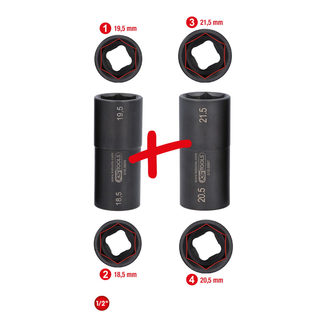 KS Tools Speciale aluminium velg dopsleutelset 1/2 inch voor Ford, 18,5 / 19,5 / 20,5 / 21,5 mm, 2 st.