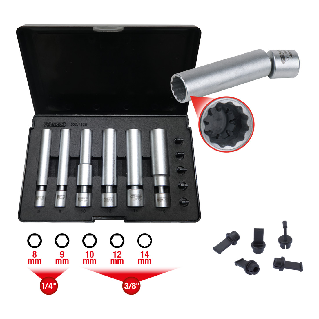 KS Tools Speciale gloei- en bougiedopset met scharnier 1/4 inch + 3/8 inch, 11 st.