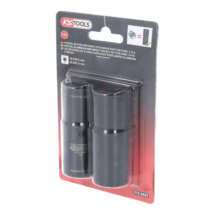 KS Tools Spezial-Alu-Felgen-Kraft-Stecknuss-Satz 1/2 Zoll für Ford, 18,5 / 19,5 / 20,5 / 21,5 mm, 2-tlg.