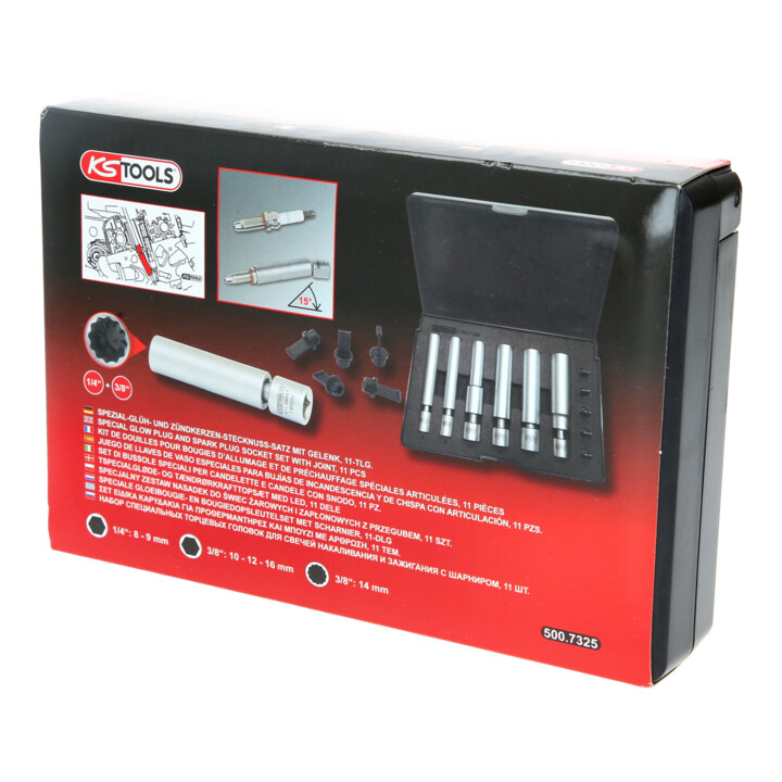 KS Tools Spezial-Glüh- und Zündkerzen-Stecknuss-Satz mit Gelenk 1/4 Zoll + 3/8 Zoll, 11-tlg