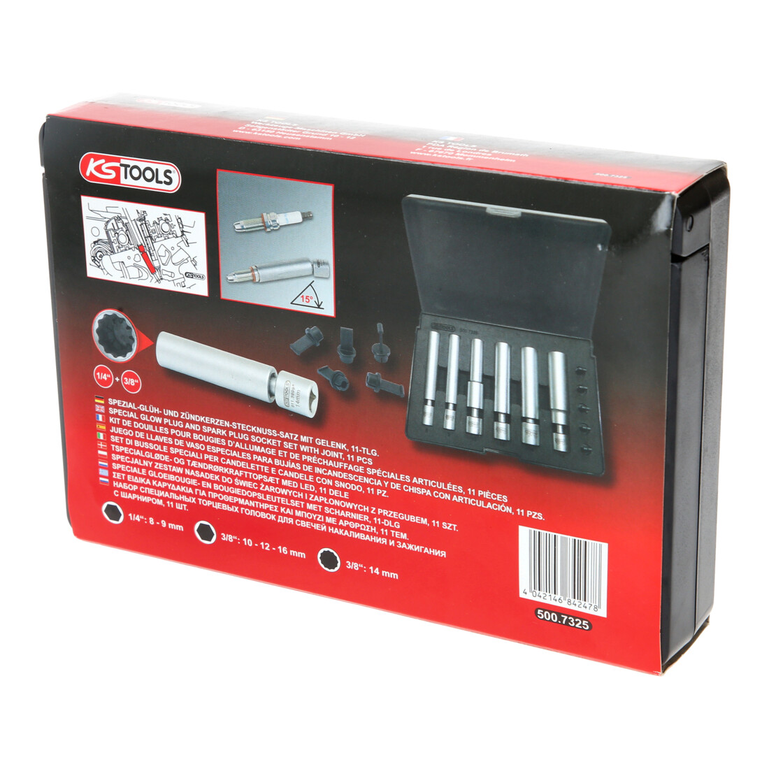 KS Tools Spezial-Glüh- und Zündkerzen-Stecknuss-Satz mit Gelenk 1/4 Zoll + 3/8 Zoll, 11-tlg
