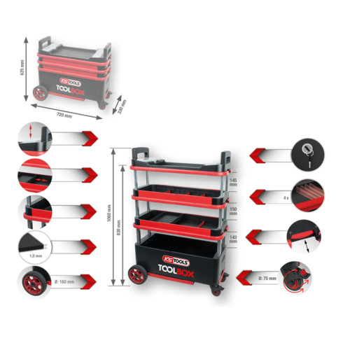 KS Tools TOOLBOX gereedschapswagen / montagewagen, neerlaatbaar en afsluitbaar