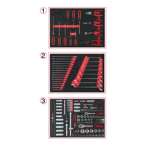 KS Tools Universal-Systemeinlagen-Satz für 3 Schubladen mit 215 Premium-Werkzeugen
