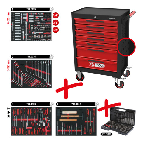 KS Tools Werkstattwagen ECOline mit 7 Schubladen und 515 Premium-Werkzeugen, schwarz-rot