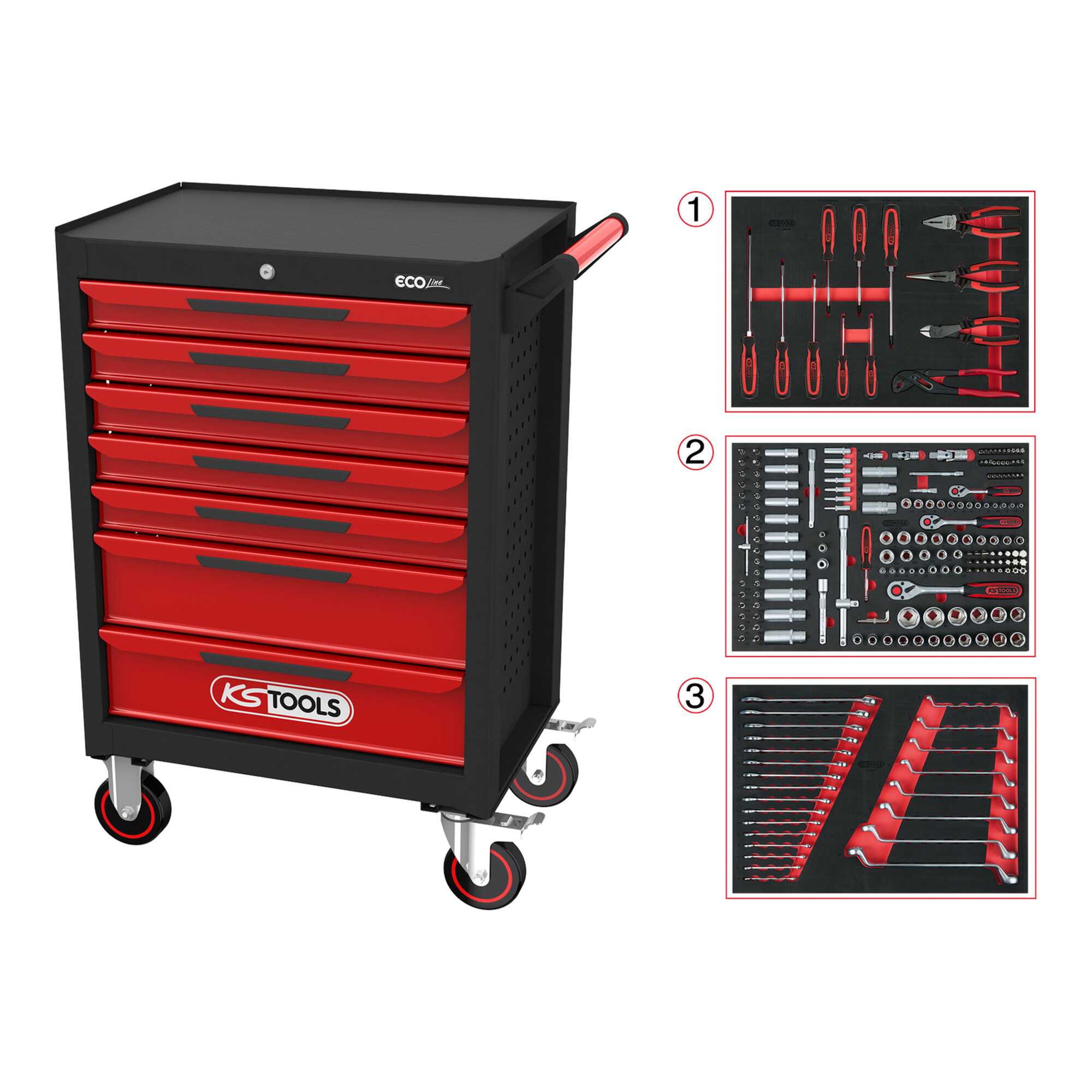 KS TOOLS Werkzeugwagen ECOline B748xT459xH1014mm 300kg 7 Schubl.215-tlg.Stahlbl.