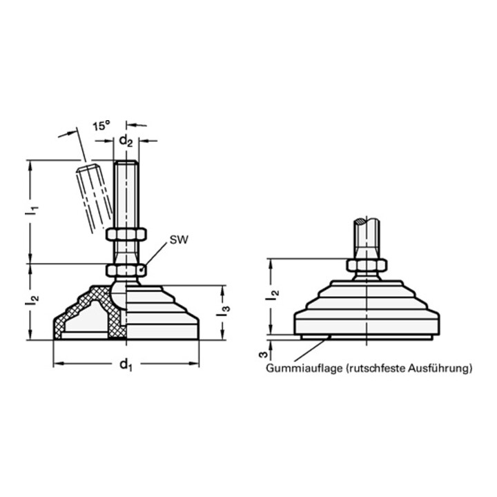Kunststoff-Gelenkfuß GN 344 d1 60 mm,d2 M 8mm l1 43mm l3 24mm GANTER