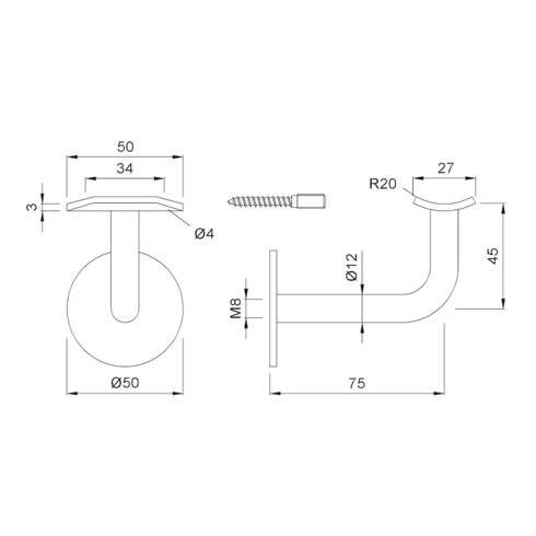 KWS Handlaufstütze 4570 mit gewölbter Auflage Stahl,silberf. Einbrennl.