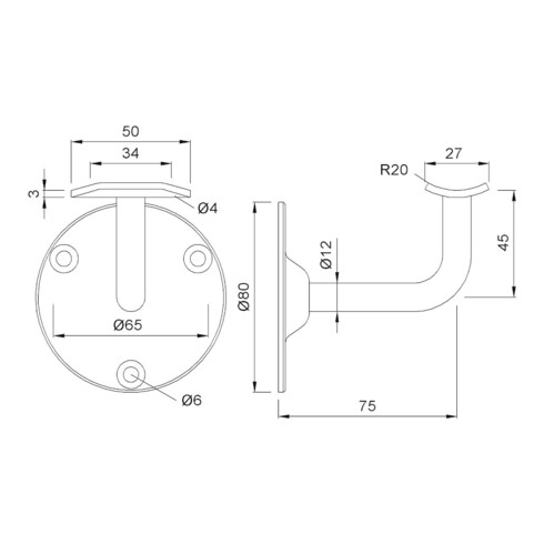KWS Handlaufstütze 4574 mit gewölbter Auflage Stahl,silberf. Einbrennl.