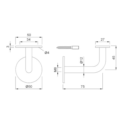 KWS Support de main courante 4571 avec appui plat en acier inoxydable, brossé