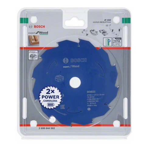 Bosch Lama circolare Expert for Wood, per seghe a batteria, 160x1,5/1x20 12 denti