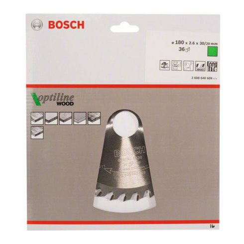 Bosch Lama circolare Optiline Wood, per seghe circolari manuali, 180x30/20x2,6mm 36