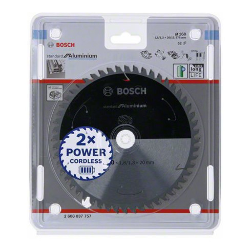 Bosch Lama circolare Standard for Aluminium per sega a batteria, 160x1,8/1,3x20, 52 denti