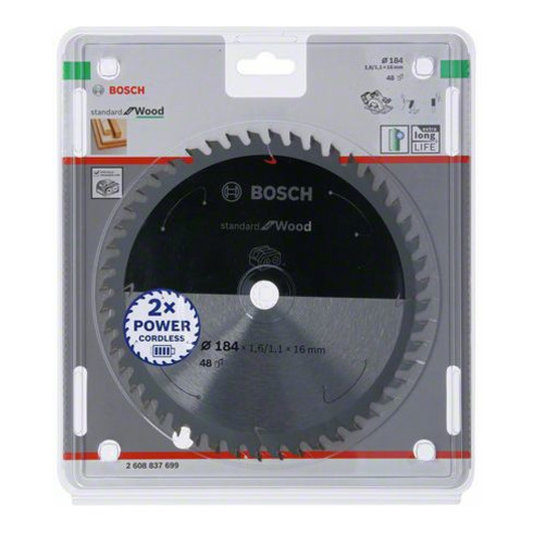Bosch Lama circolare Standard for Wood per sega a batteria, 184x1,6/1,1x16, 48 denti