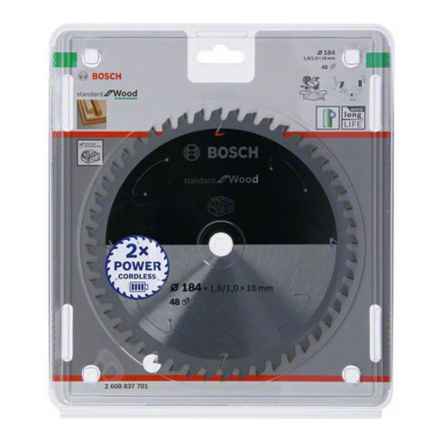 Bosch Lama circolare Standard for Wood per sega a batteria, 184x1,6/1x16, 48 denti