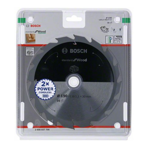 Bosch Lama circolare Standard for Wood per sega a batteria, 190x1,6/1,1x30, 16 denti