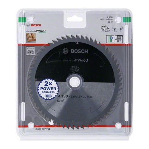 Bosch Lama circolare Standard for Wood per sega a batteria, 190x1,6/1,1x30, 60 denti