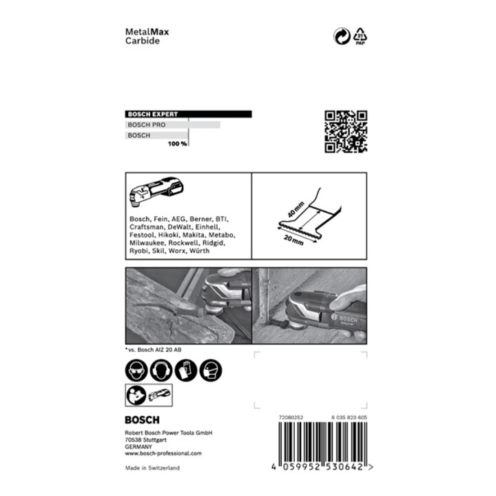 Lame Bosch Expert MetalMax AIZ 20 AIT pour outils multifonctions, 40 x 20 mm