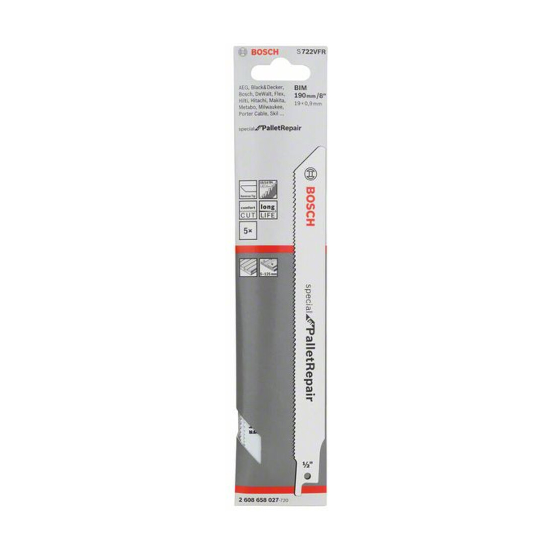Lame de scie alternative Bosch S 722 VFR, spéciale pour la réparation de palettes, 190 mm, 0.9 mm