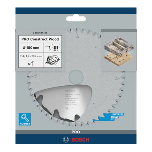 Lame de scie circulaire Bosch Construct Wood 150 x 20/16 x 2,4 mm 12