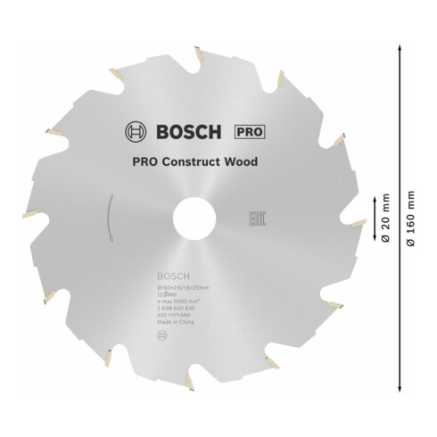 Lame de scie circulaire Bosch Construct Wood 160 x 20/16 x 2,6 mm 12