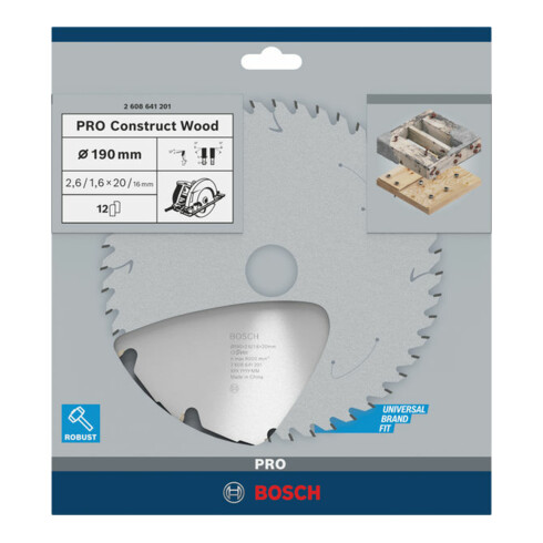 Lame de scie circulaire Bosch Construire bois 190 x 20/16 x 2,6 mm 12