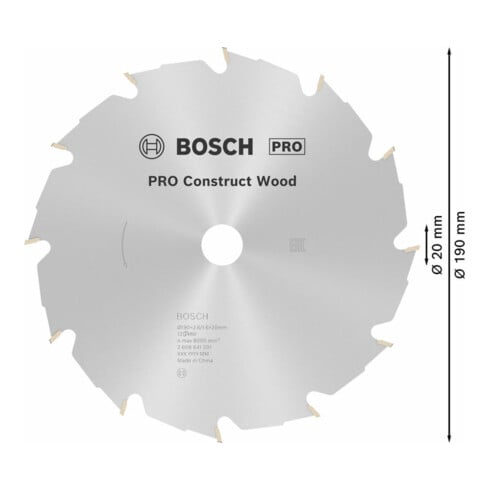 Lame de scie circulaire Bosch Construire bois 190 x 20/16 x 2,6 mm 12