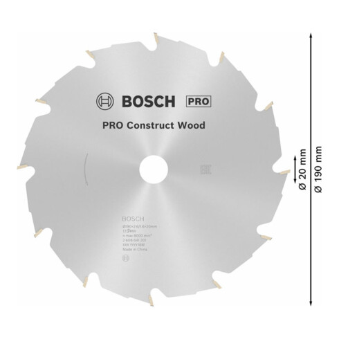 Lame de scie circulaire Bosch Construire bois 190 x 20/16 x 2,6 mm 12