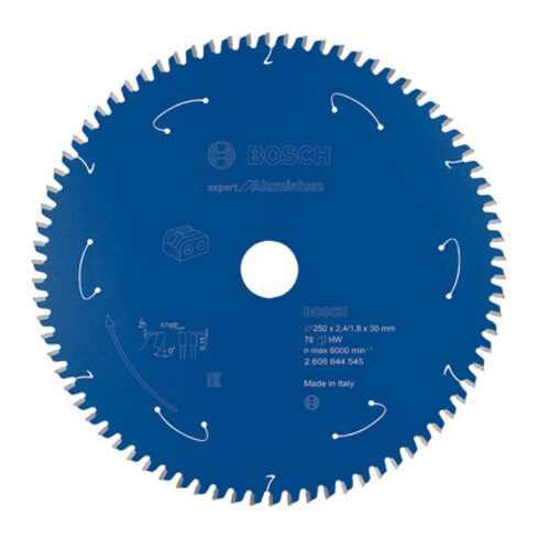 Lame de scie circulaire Bosch Expert pour l'aluminium pour scies à batterie 250 x 2,4/1,8 x 30 78 dents