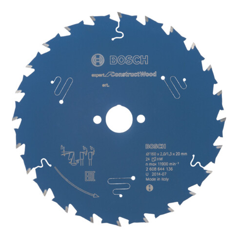 Lame de scie circulaire Bosch Expert pour la construction en bois 160 x 20 x 2,0 mm 24