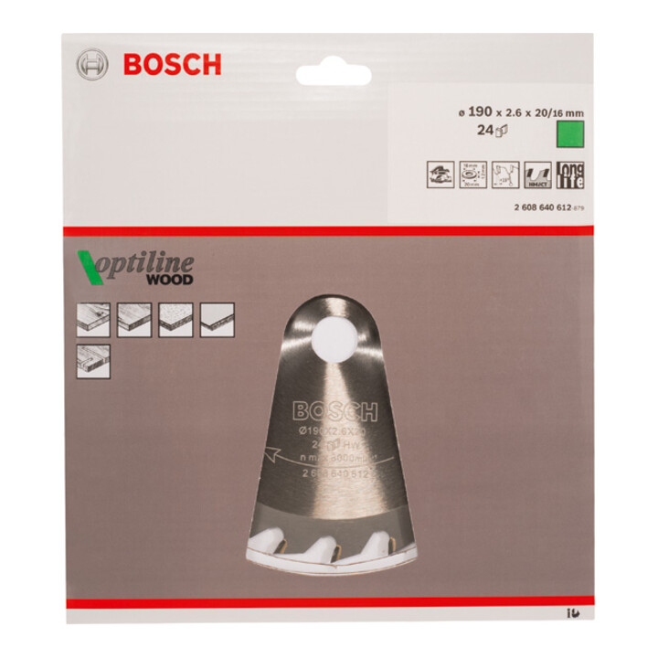 Lame de scie circulaire Bosch Optiline Wood pour scies circulaires à main 190 x 20/16 x 2,6 mm 24