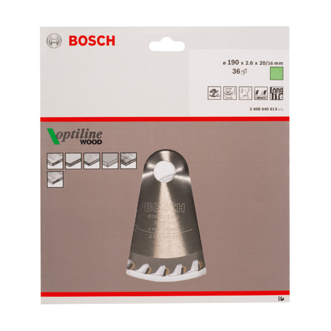 Lame de scie circulaire Bosch Optiline Wood pour scies circulaires à main 190 x 20/16 x 2,6 mm 36
